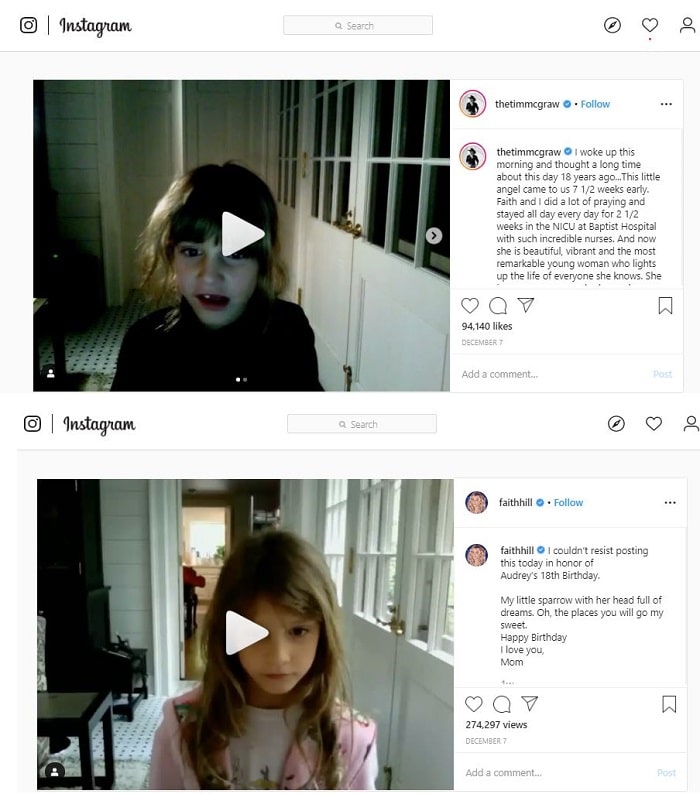 A picture of The videos that Tim and Faith posted on their daughter Audrey's 18th birthday.